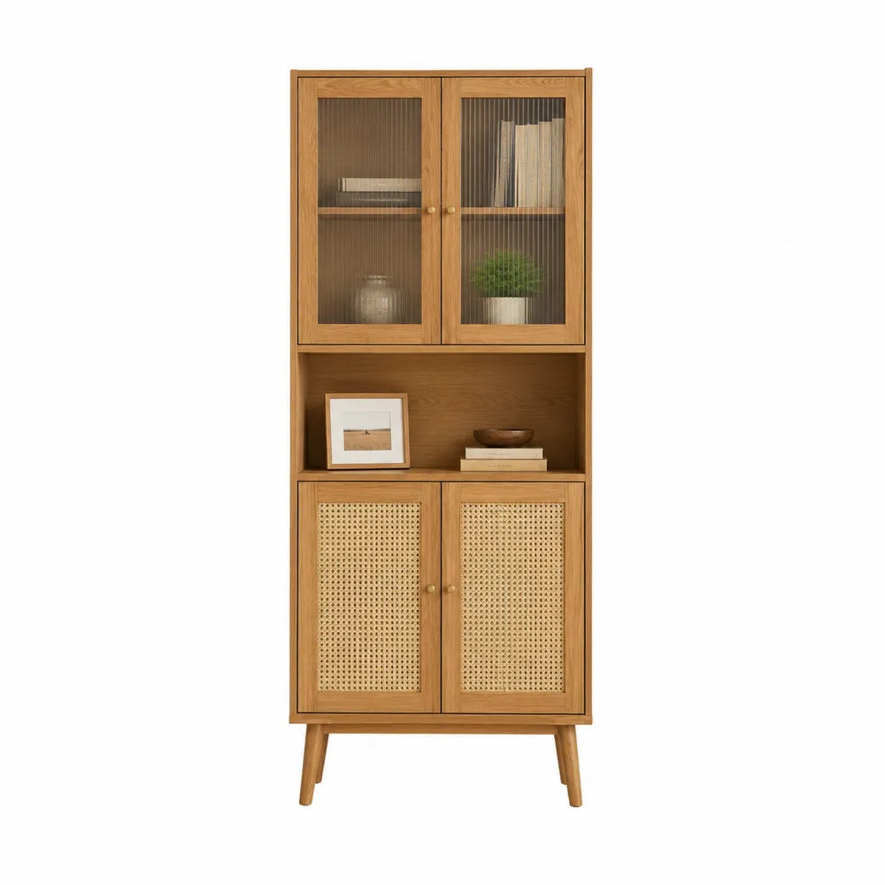 Tall Wooden Bookcase with Glass and Cane Doors