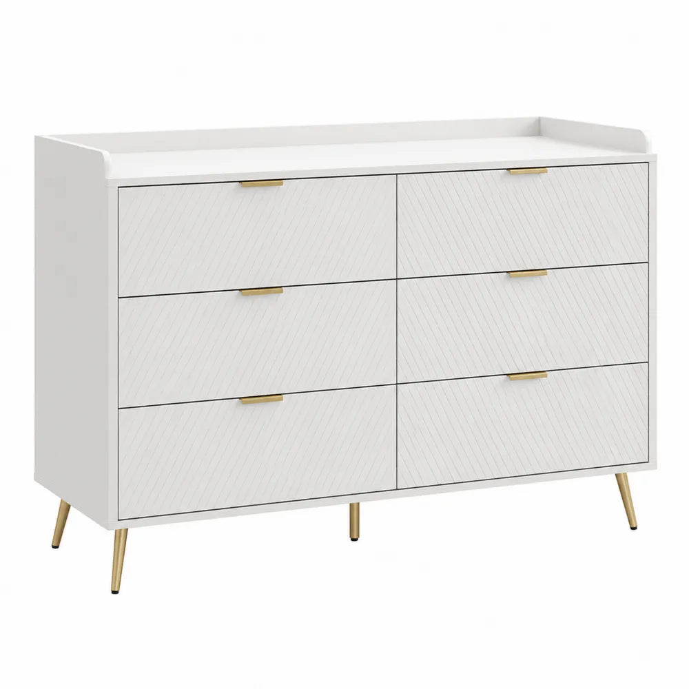White 6-Drawer Dresser MDF with Gold Metal Legs 120x40x80 cm