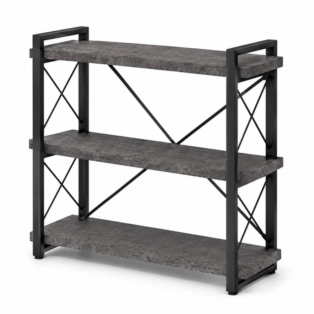 Three-Tier Metal Frame Bookcase with Engineered Concrete Shelves 80cm x 30cm x 90cm Gray