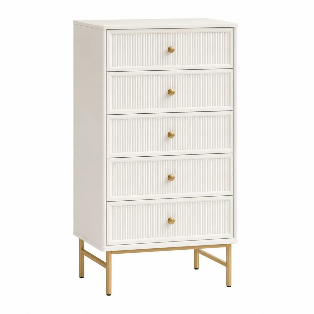 5-Drawer Wood Dresser with Gold Metal Legs in White 47in x 24in x 16in