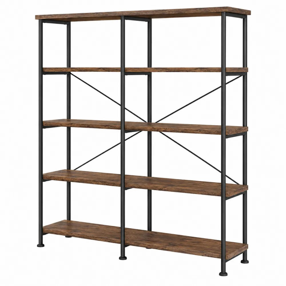 Industrial 5-Tier Bookshelf Metal Frame and MDF Wood Shelves 180cm