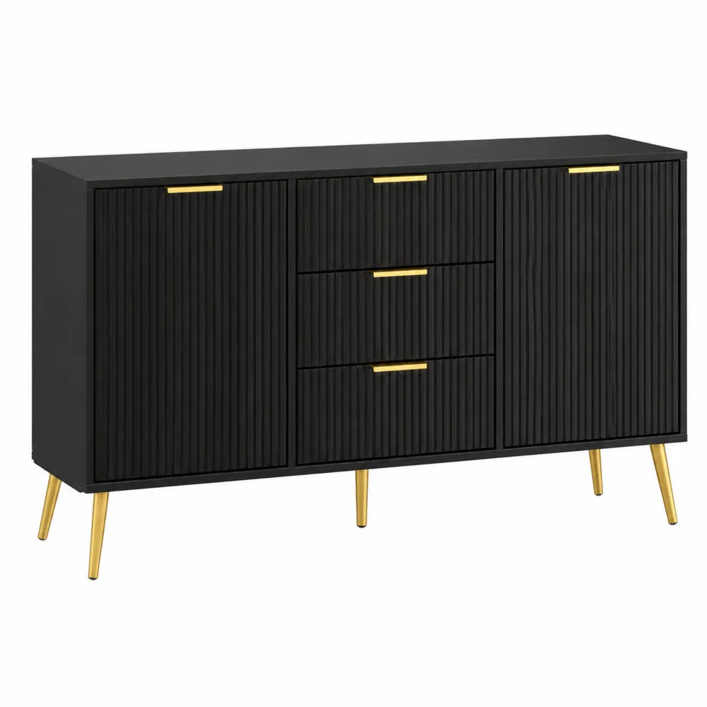 Black MDF Sideboard with Gold Steel Legs, 2 Doors, 3 Drawers