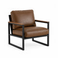 Brown Leather Armchair with Metal Frame and Wooden Armrests