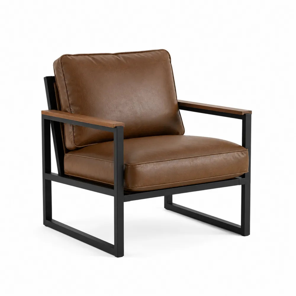 Brown Leather Armchair with Metal Frame and Wooden Armrests