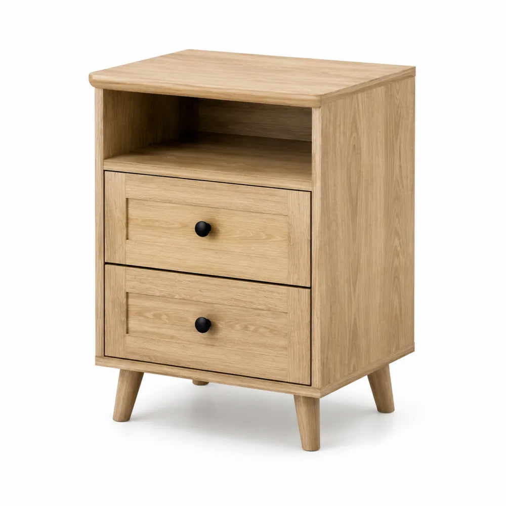 Solid Oak Nightstand with 2 Drawers, Light Brown