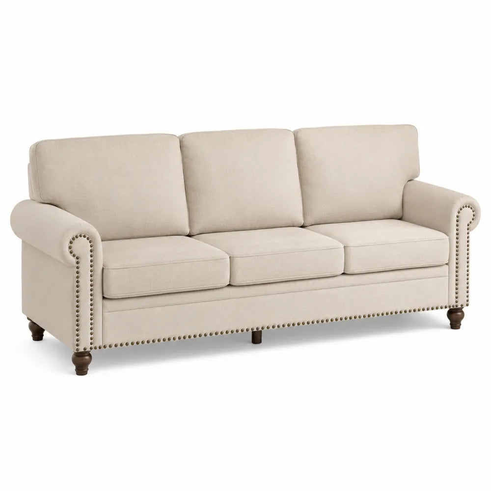 Beige Fabric 3-Seater Sofa with Nailhead Trim
