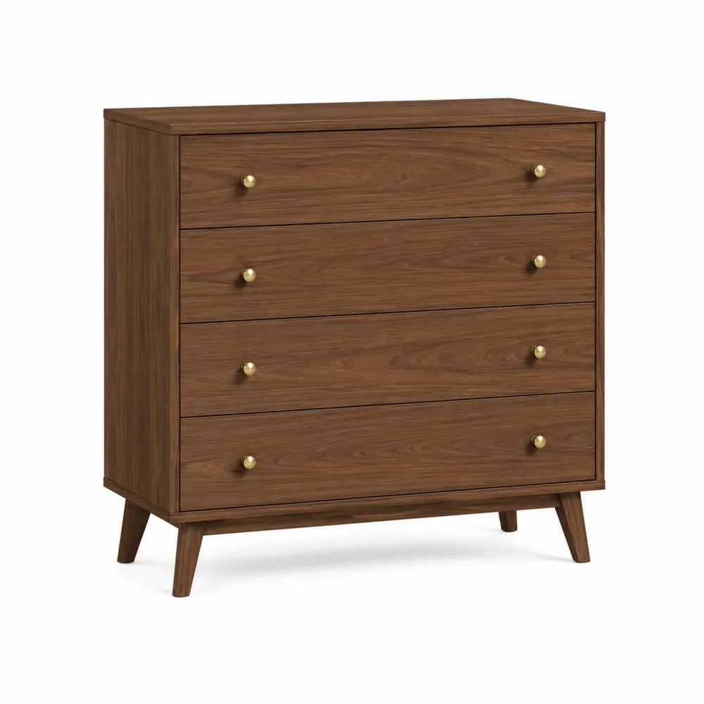 Walnut 4-Drawer Dresser with Brass Handles