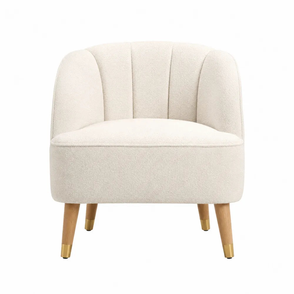 Beige Fabric Chair with Curved Back and Wood Legs