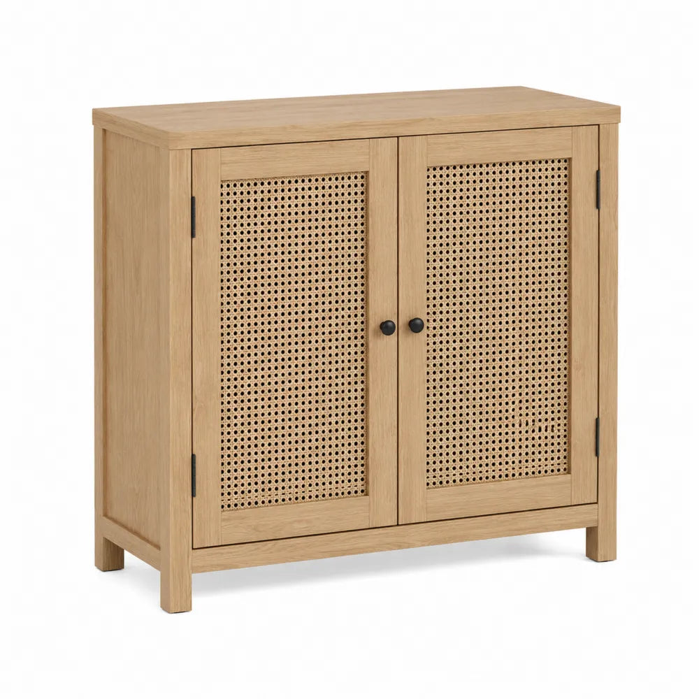 Oak Rattan Sideboard with Hinged Doors 80x90x35 cm