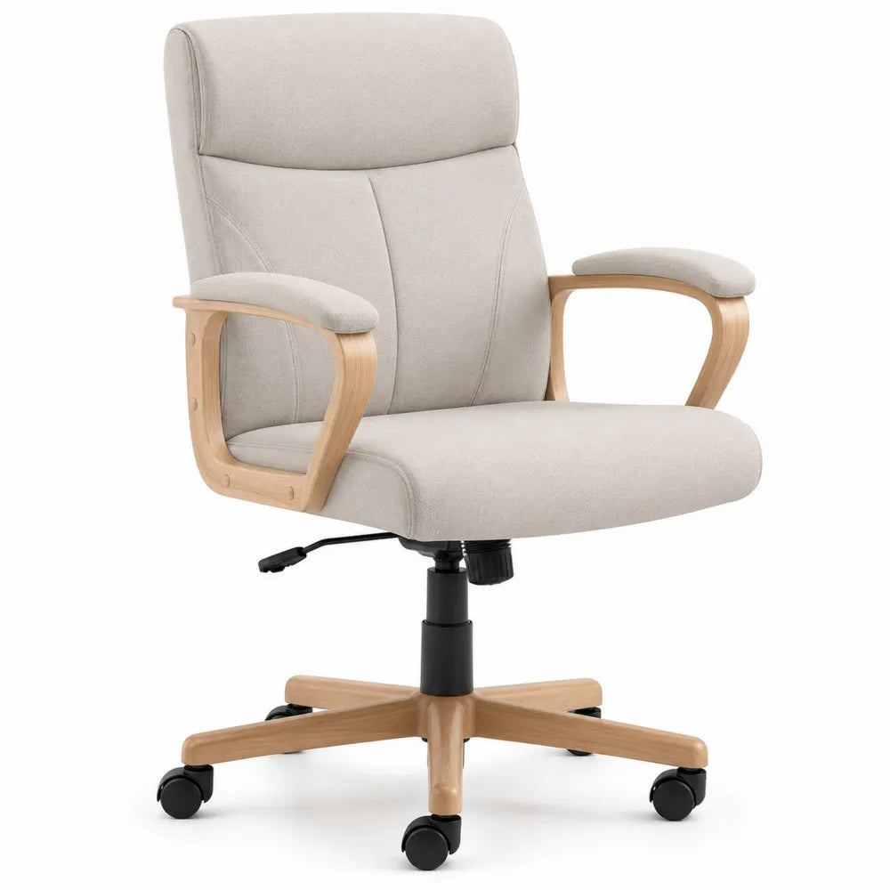 Office Chair with Wooden Frame and Beige Polyester Upholstery