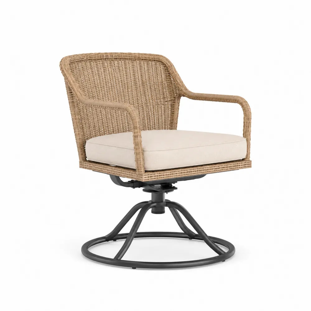 Outdoor Swivel Chair Wicker Metal Frame Beige Cushion