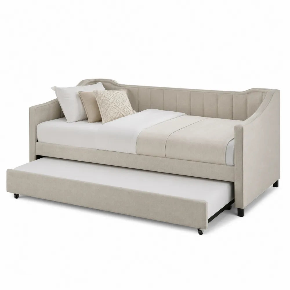 Beige Linen Upholstered Daybed with Trundle