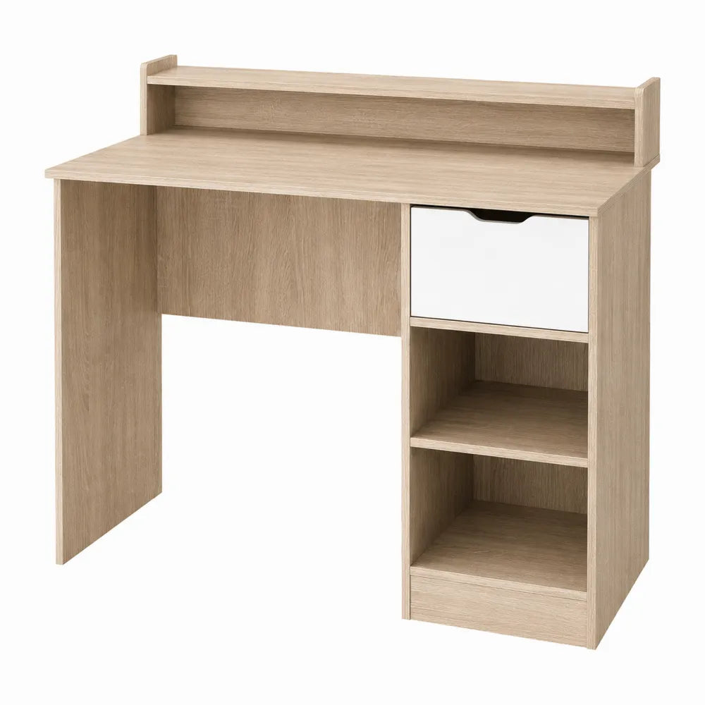 Particleboard Desk with Shelf and Drawer in Oak and White