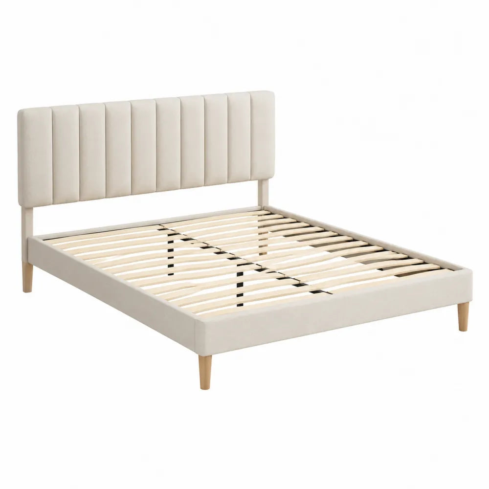 Queen Upholstered Platform Bed Beige Fabric with Wood Legs