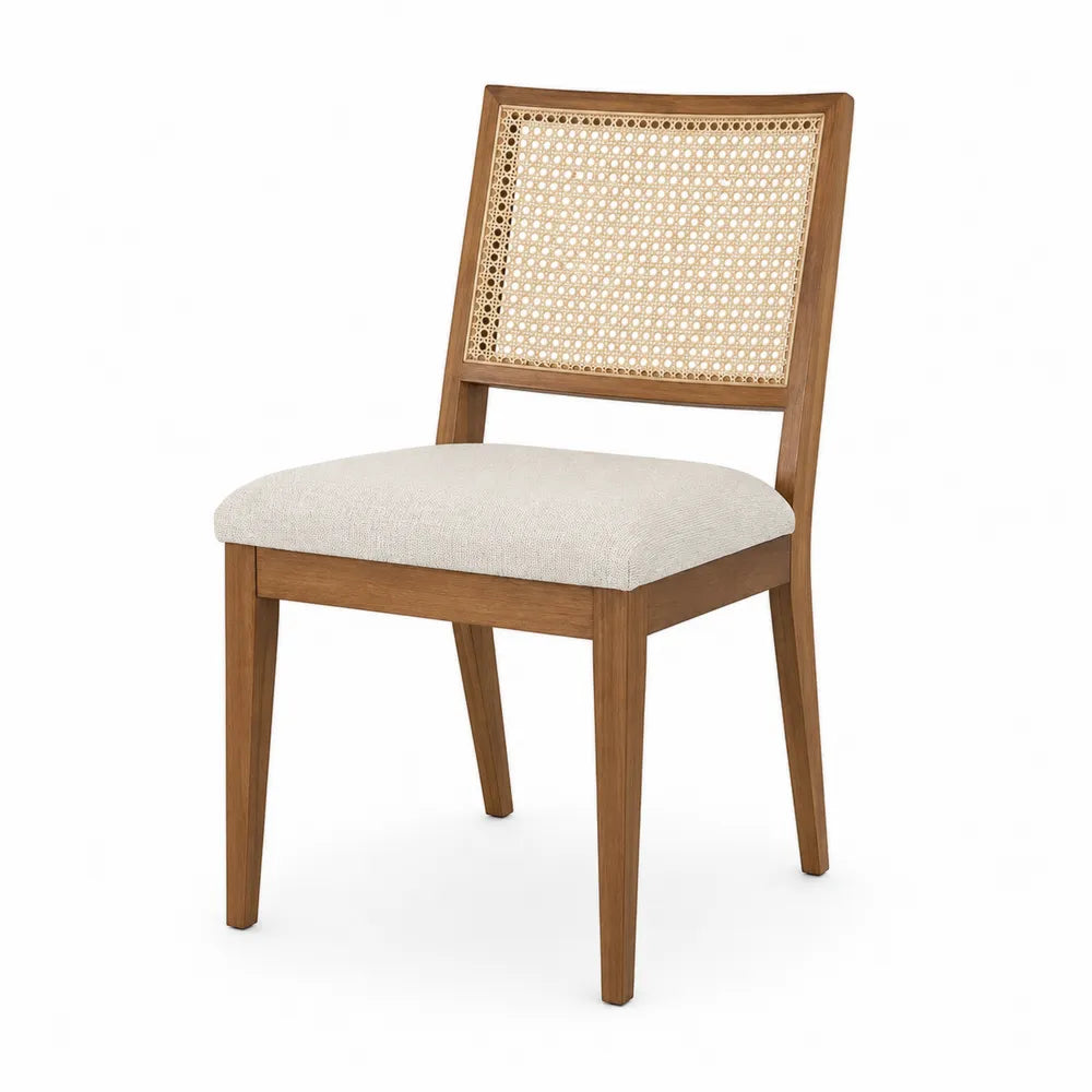 Wood Dining Chair with Cane Back and Upholstered Seat Beige
