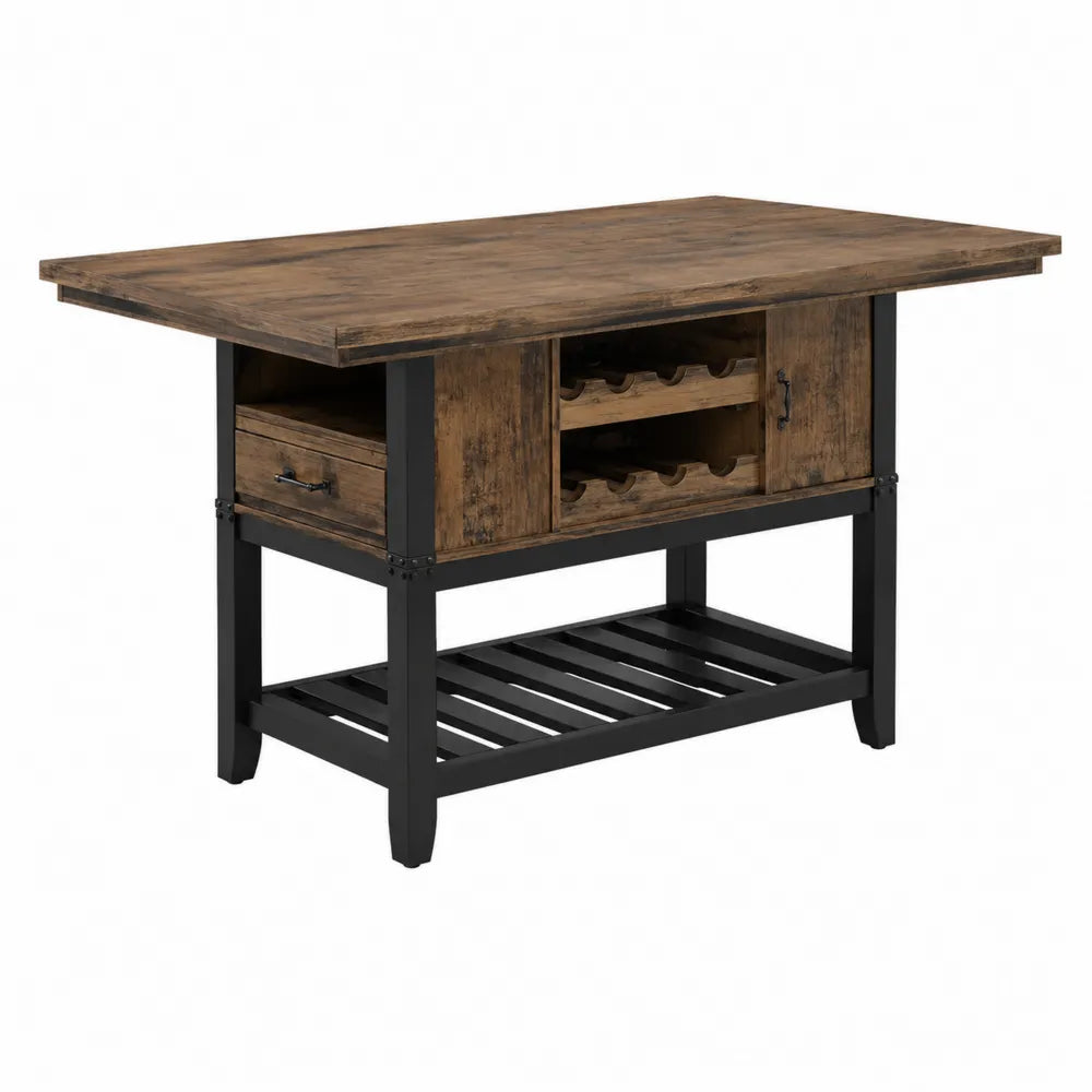 Rectangular Wood and Metal Dining Table with Wine Rack