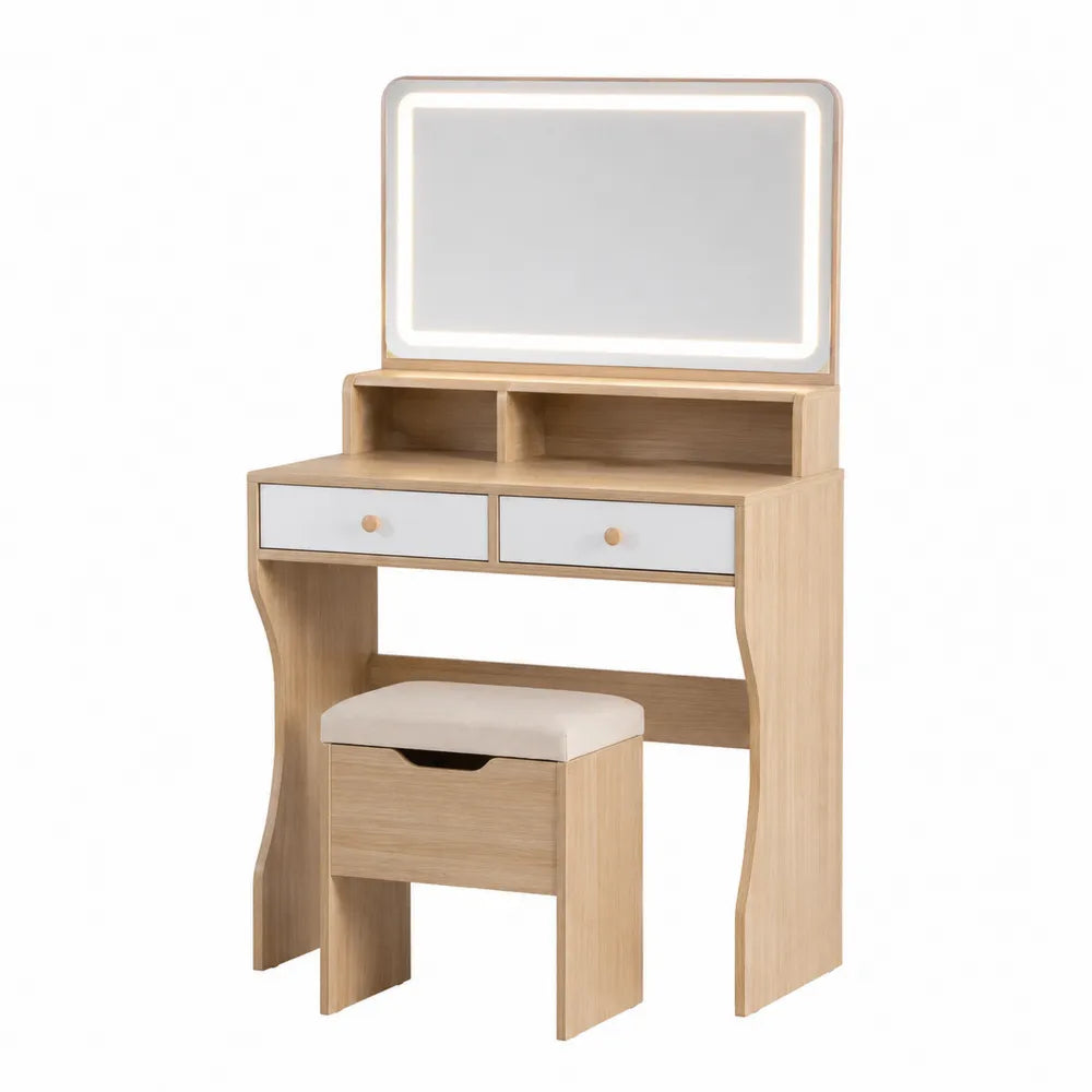 Wood Vanity Set with Mirror and Stool, Light Oak Finish