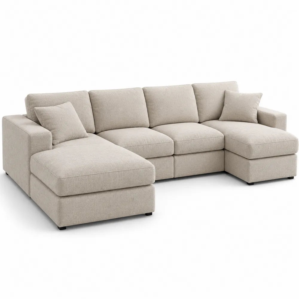 Beige L-Shaped Sectional Sofa with Polyester Upholstery