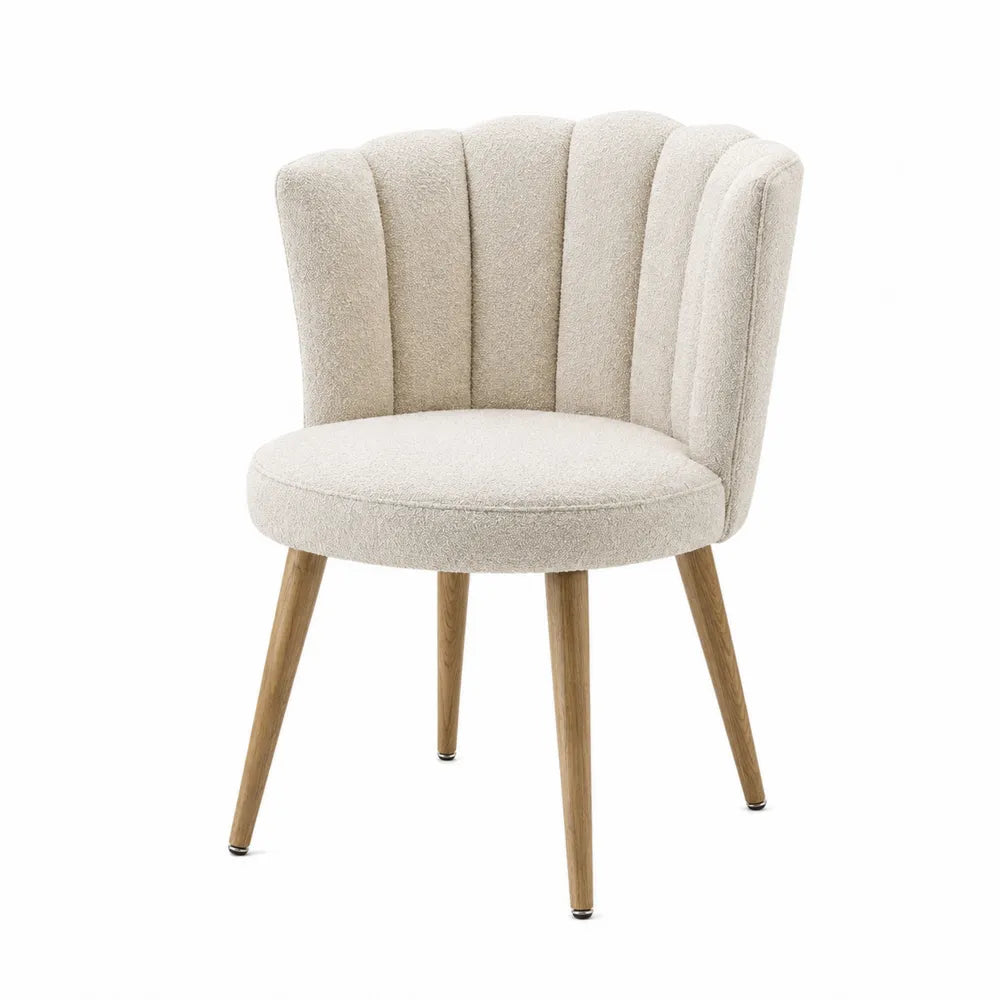 Beige Fabric Accent Chair with Curved Back and Wooden Legs