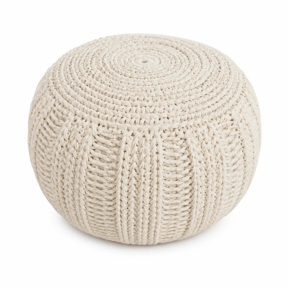 Round Cotton Knit Pouf Ottoman Beige 19.7in Diameter
