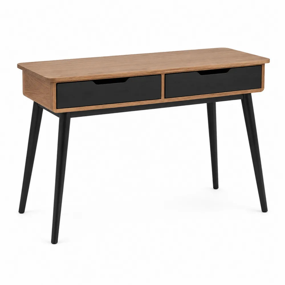 Rectangular Wood Desk with Black Metal Legs and Two Drawers