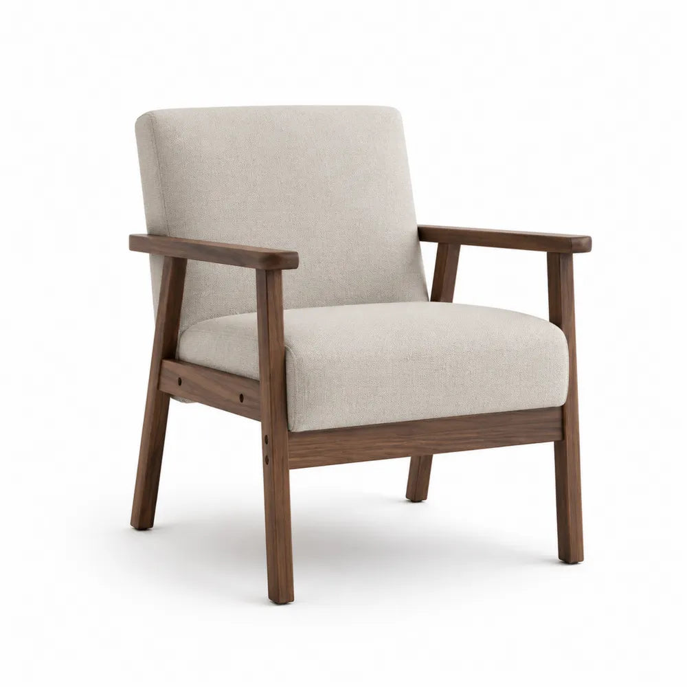 Lounge Chair Solid Wood Frame Beige Polyester Upholstery