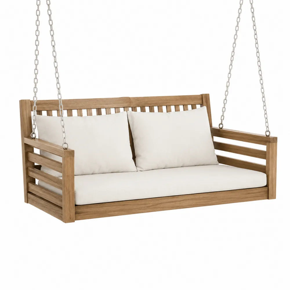 Teak Wood Hanging Bench with Beige Cushions