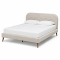 Linen Fabric Queen Bed Beige with Solid Wood Legs