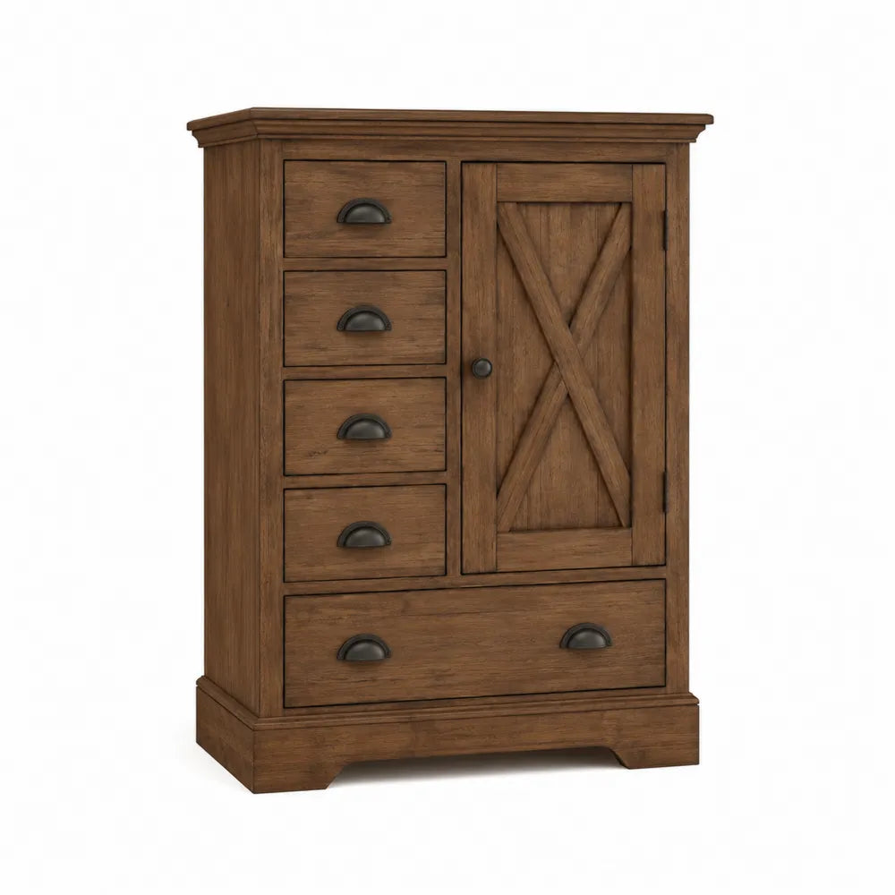 Solid Wood Dresser with 5 Drawers and 1 Door in Brown 120cm