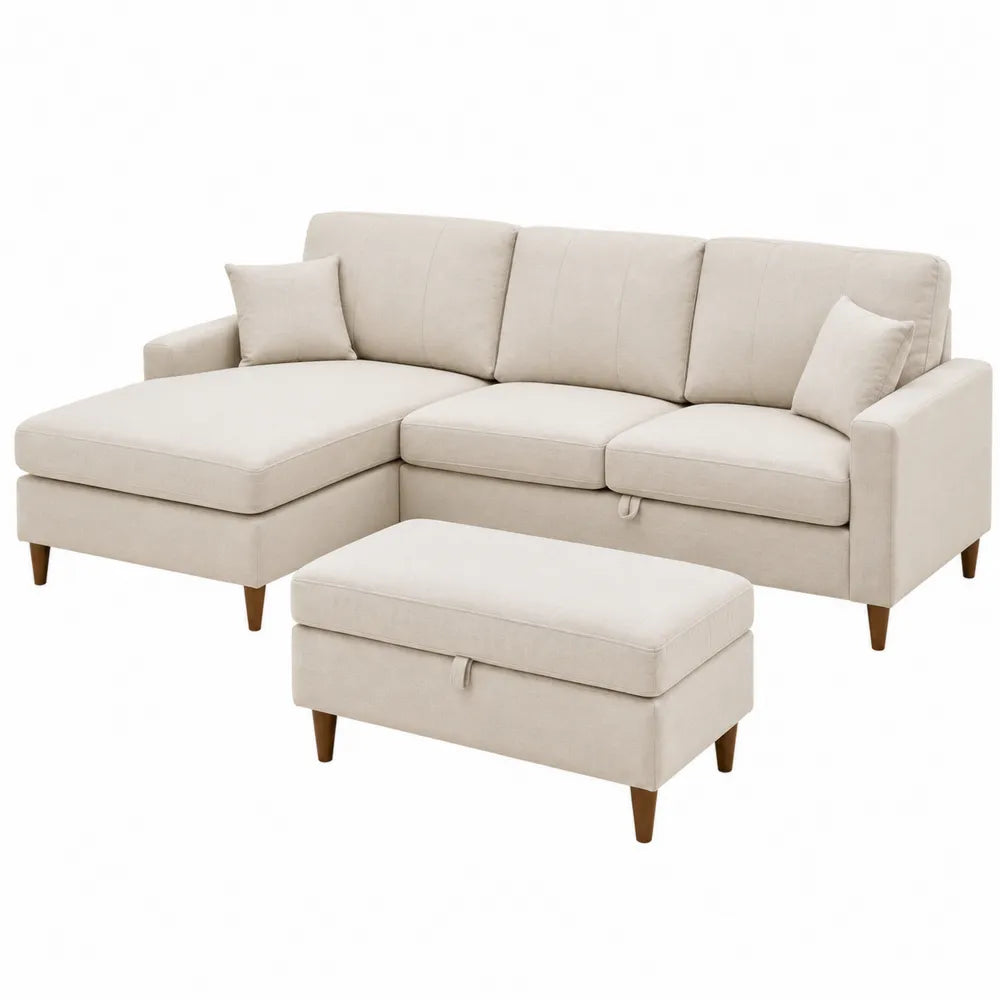 Beige Fabric Sectional Sofa with Chaise and Ottoman Set